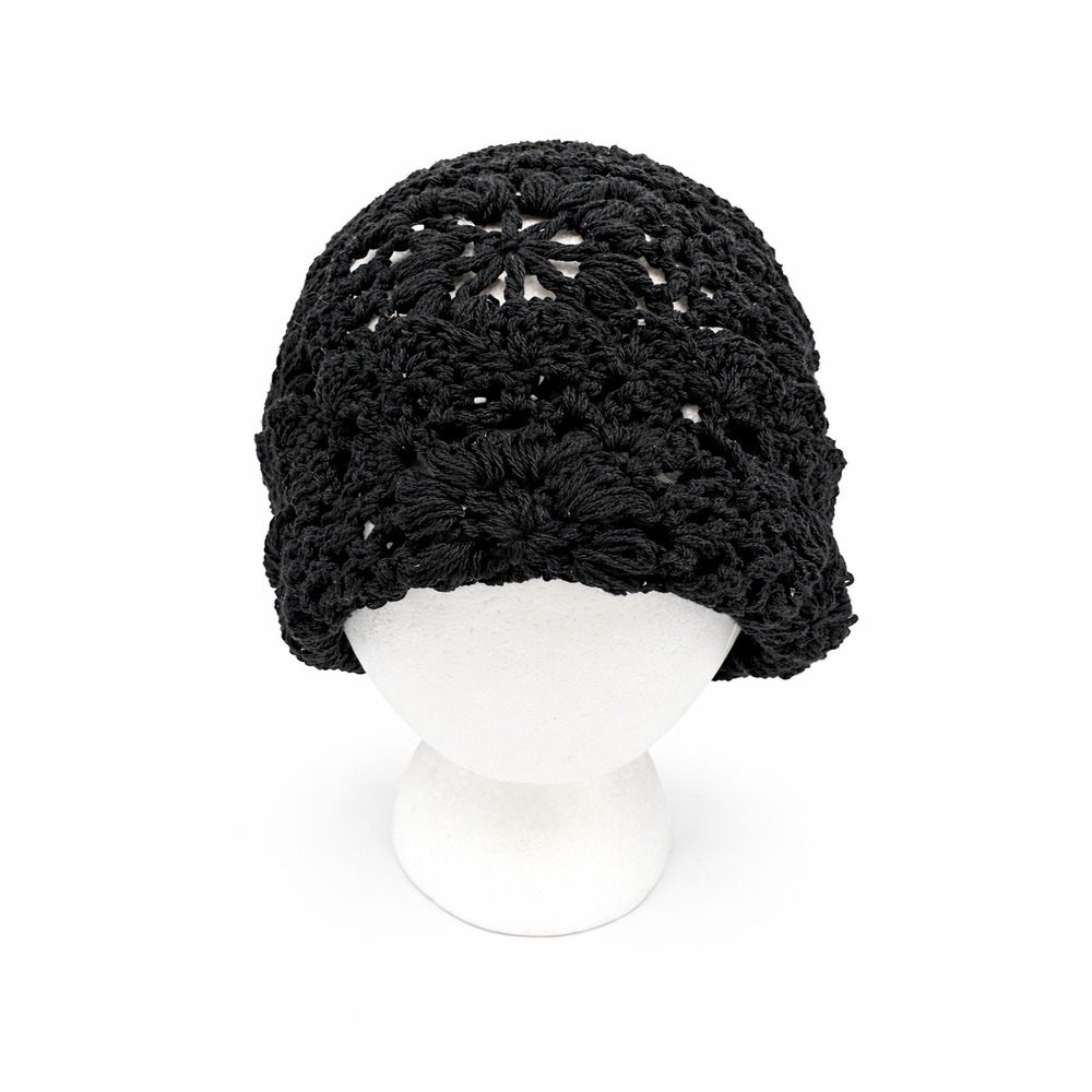 Unbranded Womens Hand Hooked Beanie Hat One Size Black Floral Crochet Open Knit